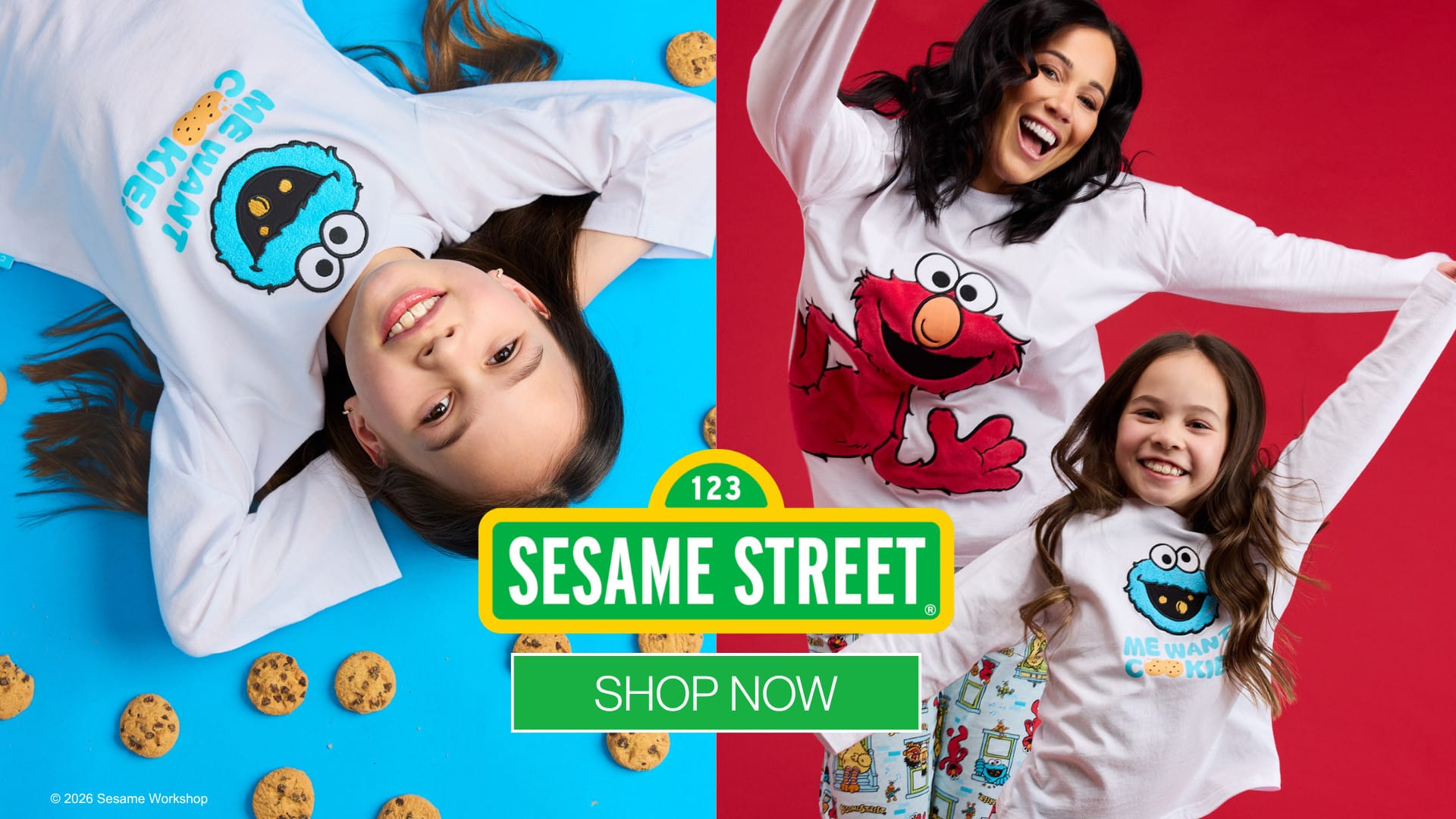 Sesame Street family pyjamas: kids and mum in Elmo and Cookie Monster PJs