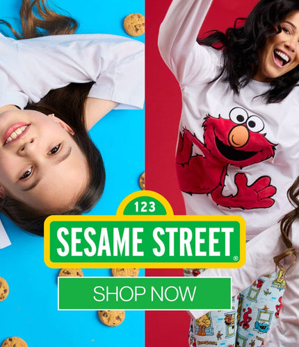 Sesame Street family pyjamas: kids and mum in Elmo and Cookie Monster PJs